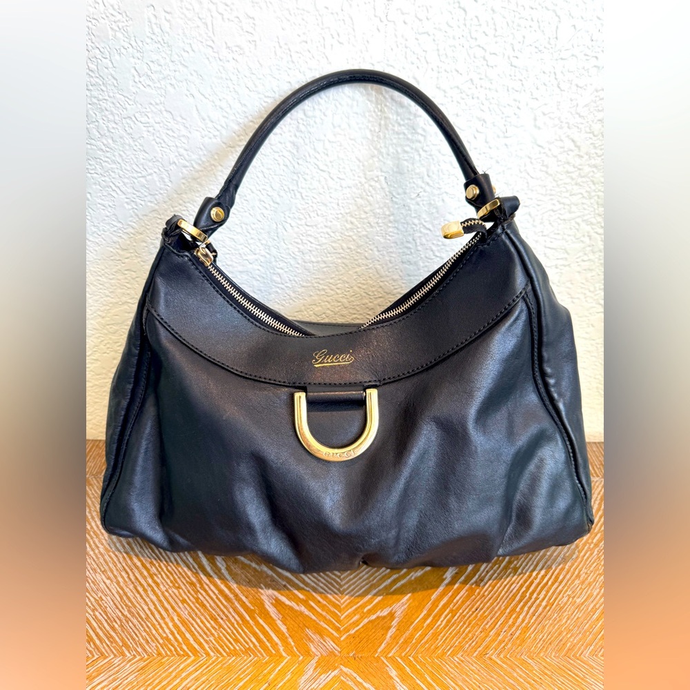 Gucci Abbey D-Ring Leather Hobo Shoulder Bag Black - Authentic # 189833